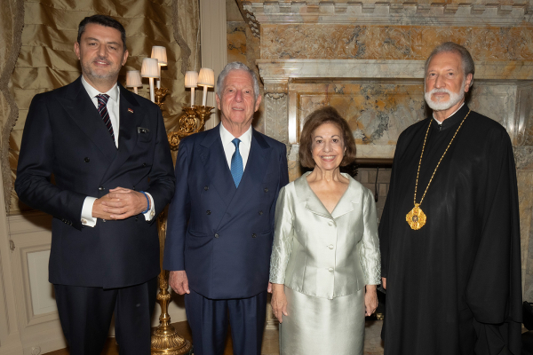Consul General Dr Vladimir Bozovic, HRH Crown Prince Alexander of Serbia, HRH Crown Princess Katherine of Serbia, Bishop Irinej (Photo Credit: David Warren / SIPA USA for AP)